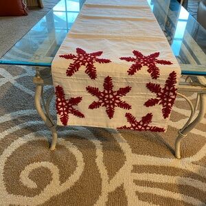 Christmas Table Runner 6’ Long Cross Stitched Red Snowflakes on White Background